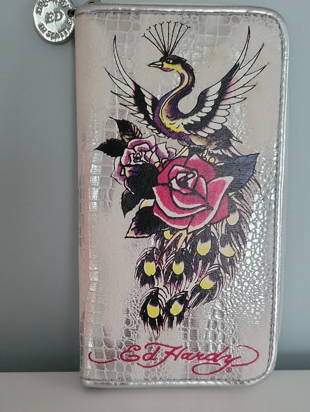 Ed Hardy Silver Peacock & Pink Rose Zip Phone Wallet
